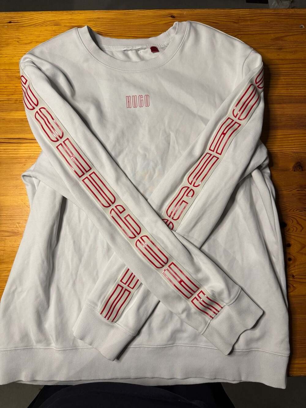 HUGO Boss White Crewneck Sweatshirt with Red Logo Sleeve Tape